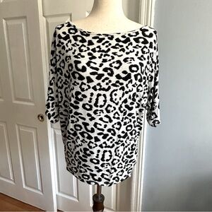 First Love Animal Print Dolman Top (M) – Black White Rosette Boatneck Stretchy